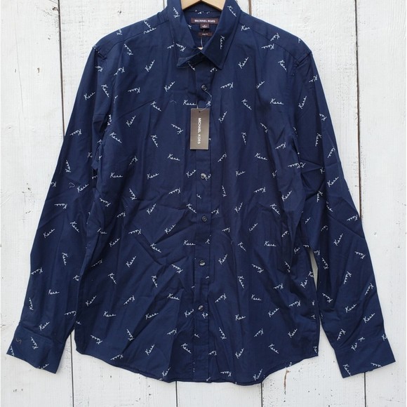 Michael Kors Slim Fit Men's M Navy White Kors design Long Sleeve Dress Shirt NEW - Picture 2 of 5